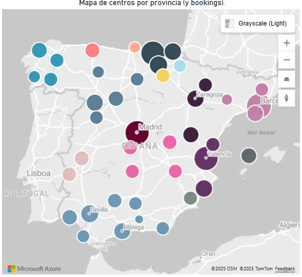 Mapa de centros por provincia según número de reservas